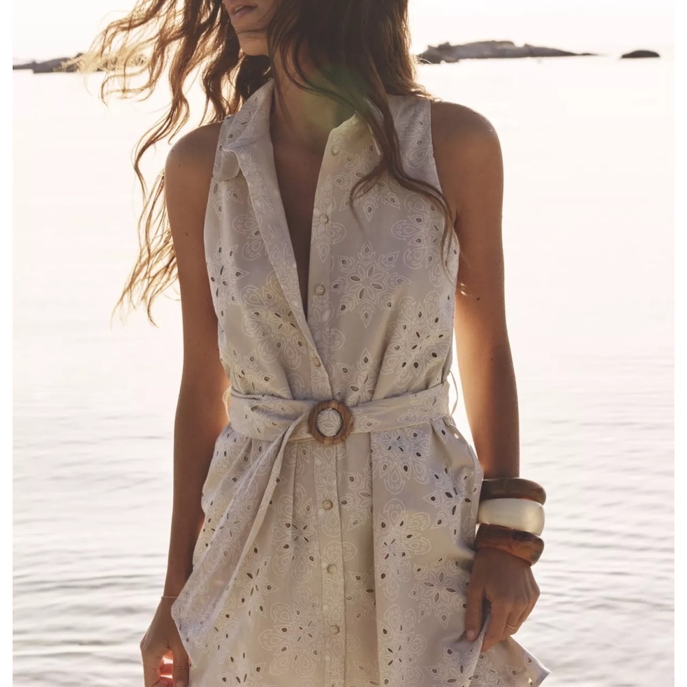 Zara beige EMBROIDERED CUTWORK SMOCK DRESS NWT - Picture 2 of 8